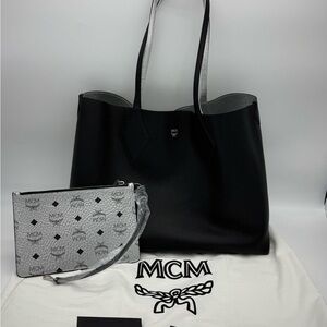 Authentic MCM black calfskin large shopping tote